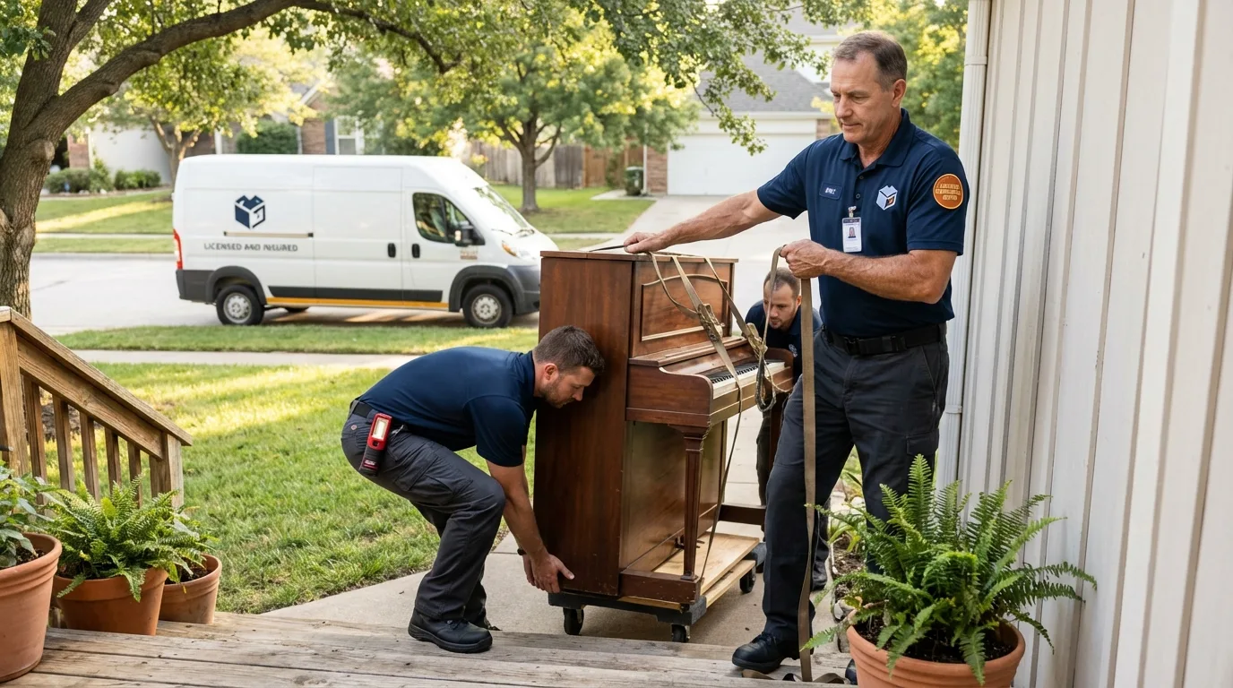 Licensed piano movers securing grand piano in Sturgis, SD